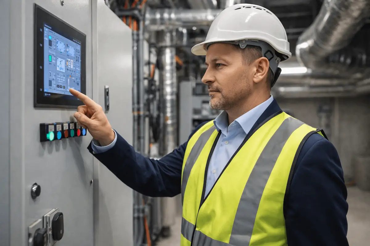 Facility Management Professional inspecting HVAC systems demonstrating practical FMP Exam skills.