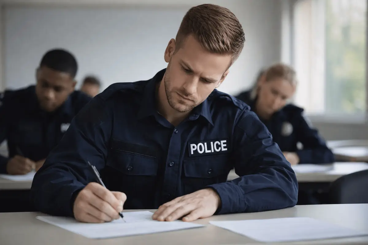 Police Recruit with fair skin taking written exam in a law enforcement academy classroom, realistic photography, natural lighting, 16:9 landscape format.